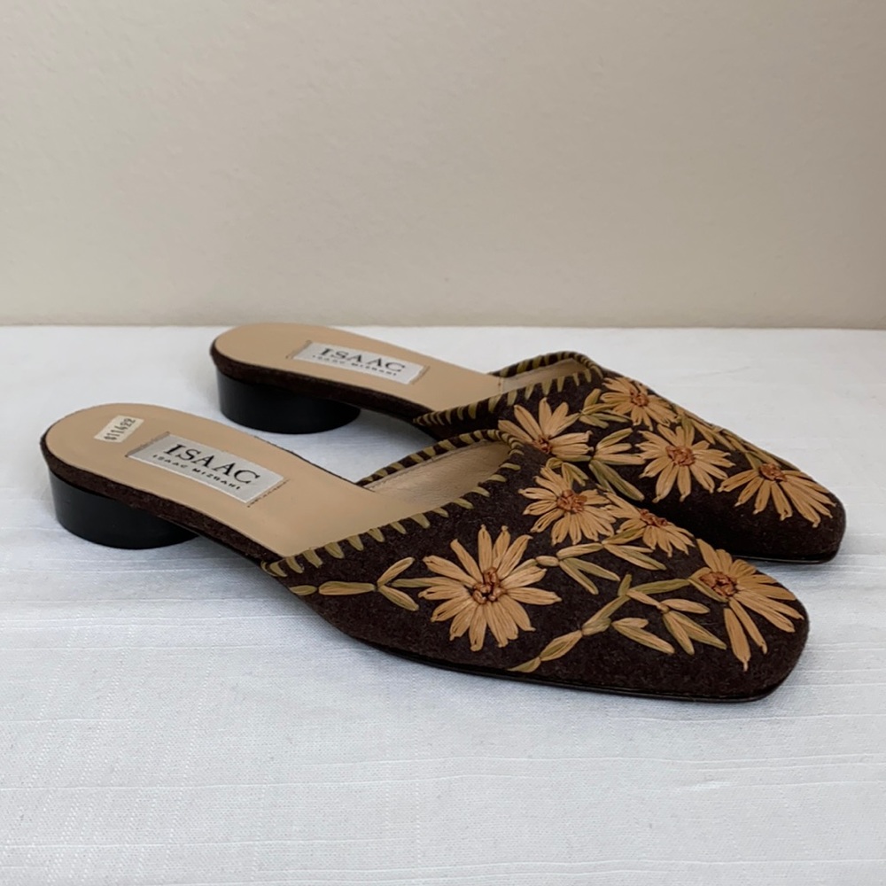 Vintage Isaac Mizrahi Floral Raffia Mules, Brown and Beige, 5.5